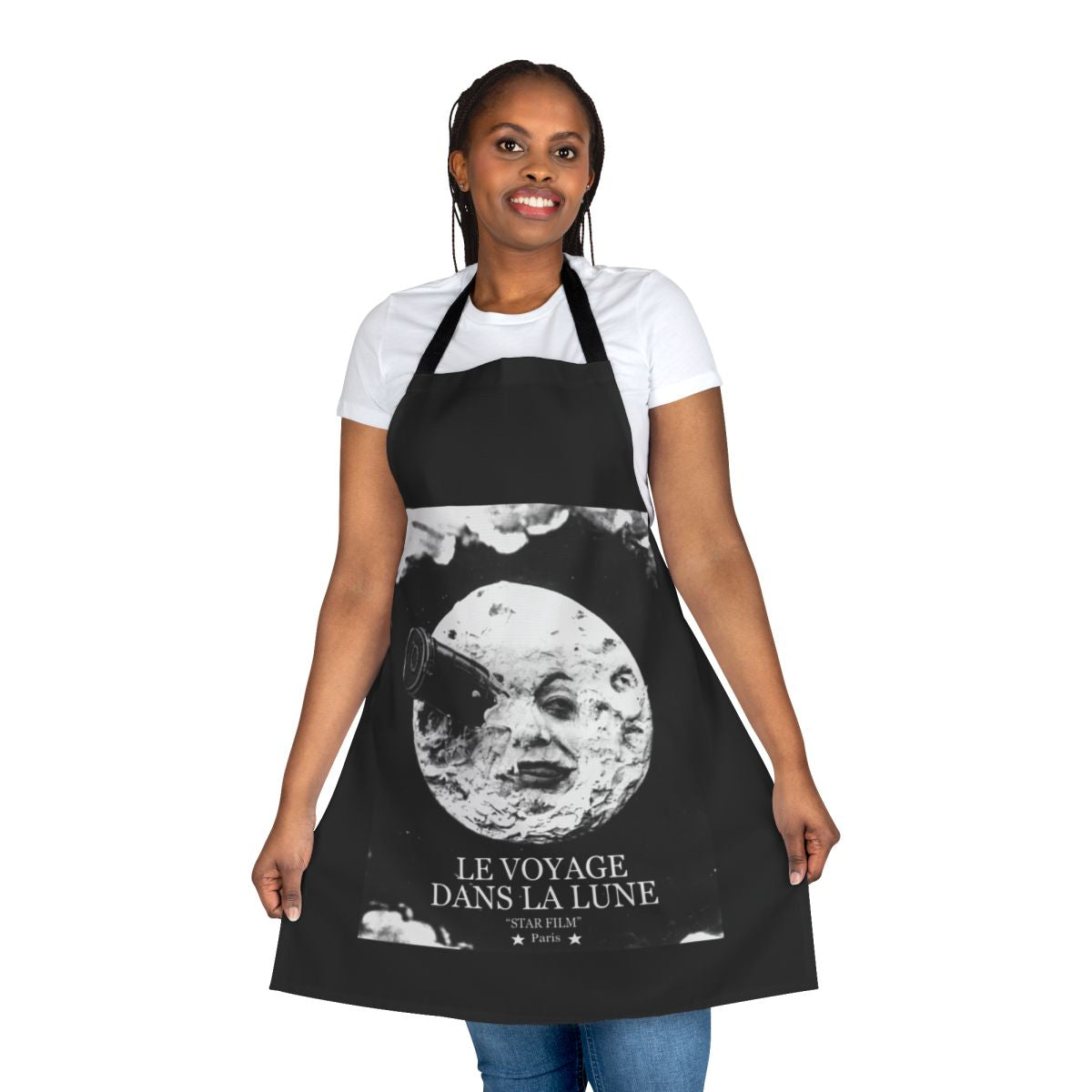 Vintage apron design featuring a lunar landscape and a space rocket, inspired by the classic science fiction film "A Trip to the Moon"