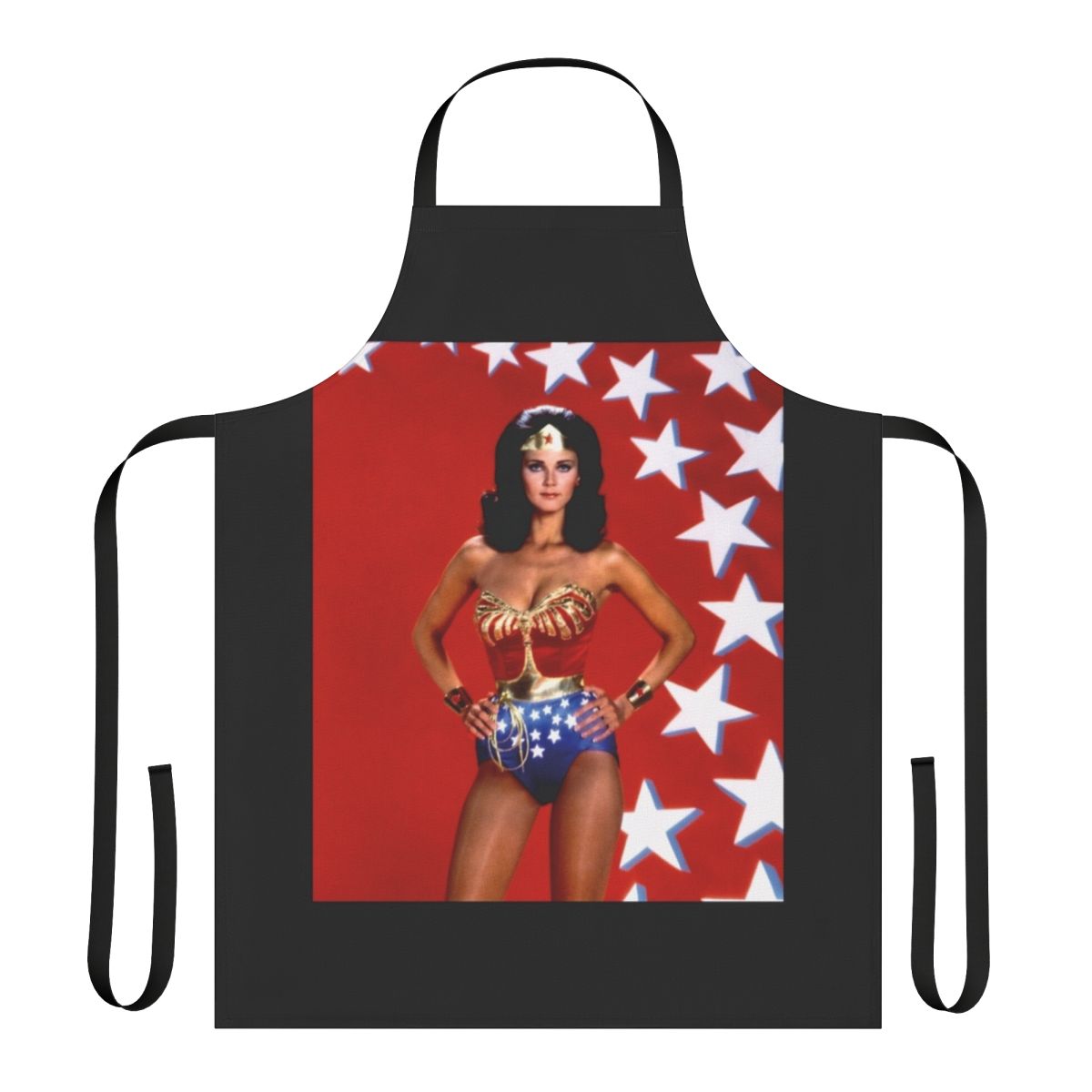 Vintage style apron featuring a graphic of young Lynda Carter, the iconic actress from the 1970s-80s.