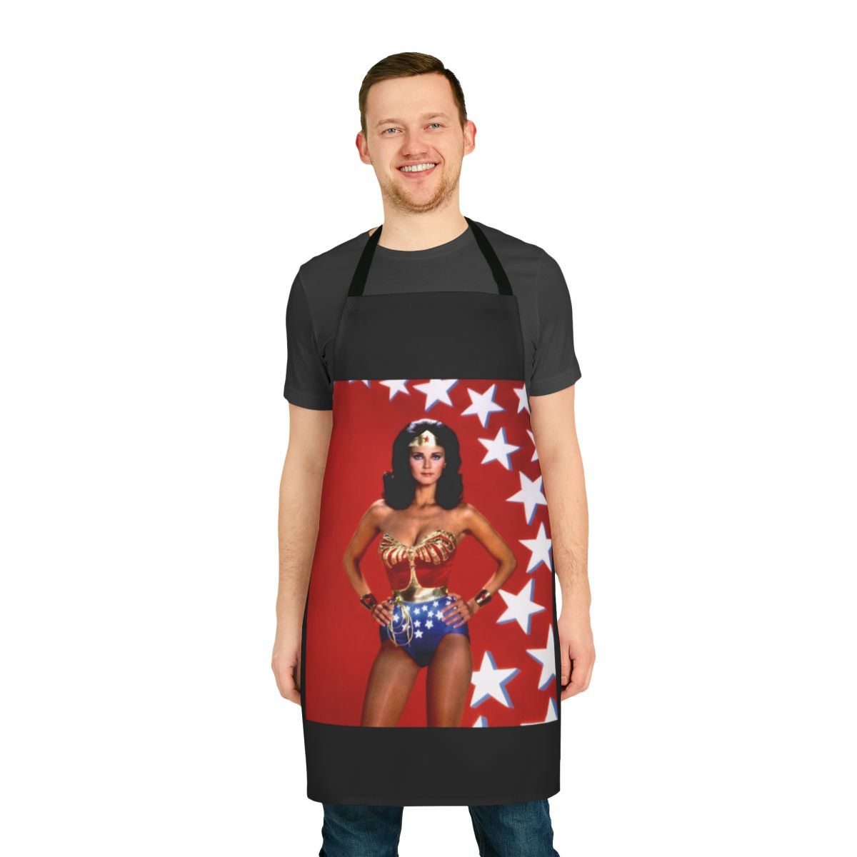 Vintage style apron featuring a graphic of young Lynda Carter, the iconic actress from the 1970s-80s.
