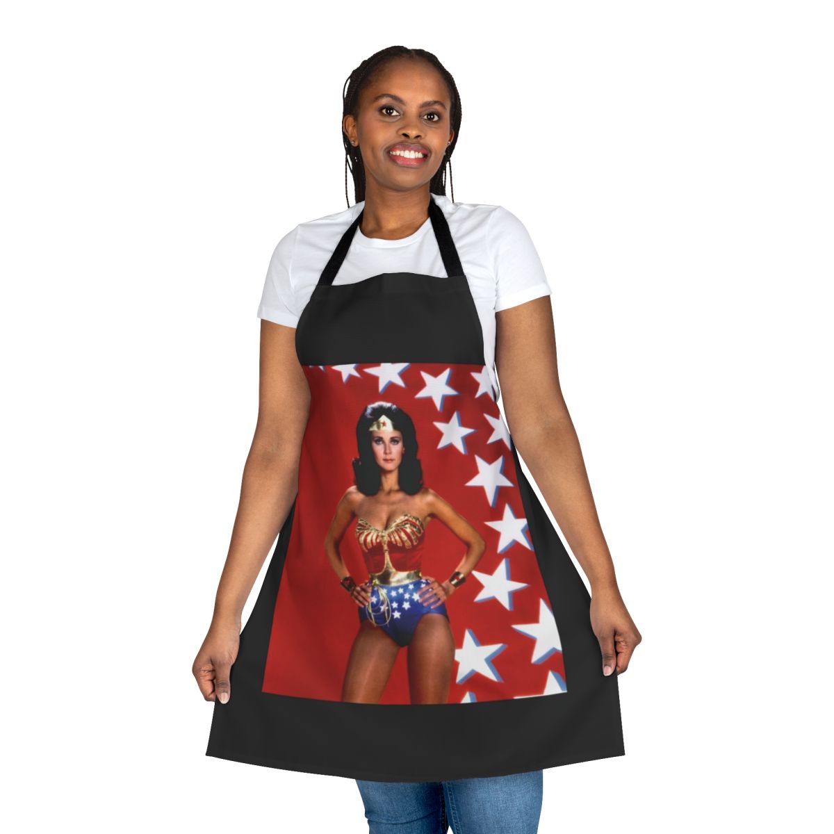 Vintage style apron featuring a graphic of young Lynda Carter, the iconic actress from the 1970s-80s.
