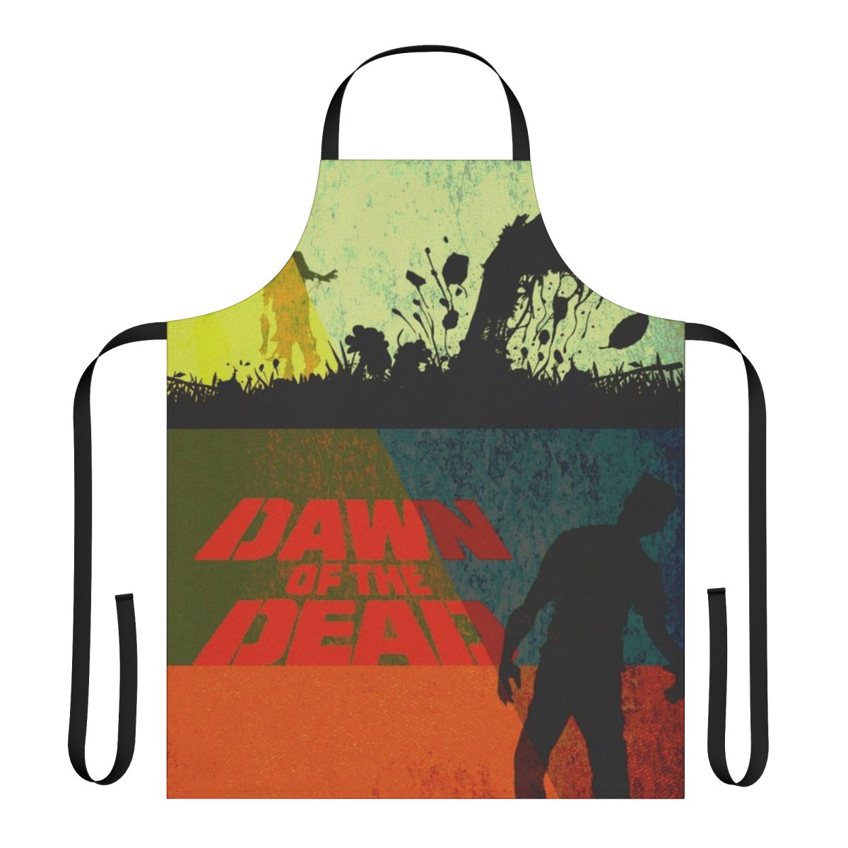 Vintage modern style apron with a horror movie theme, featuring zombies and the "Dawn of the Dead" movie logo.