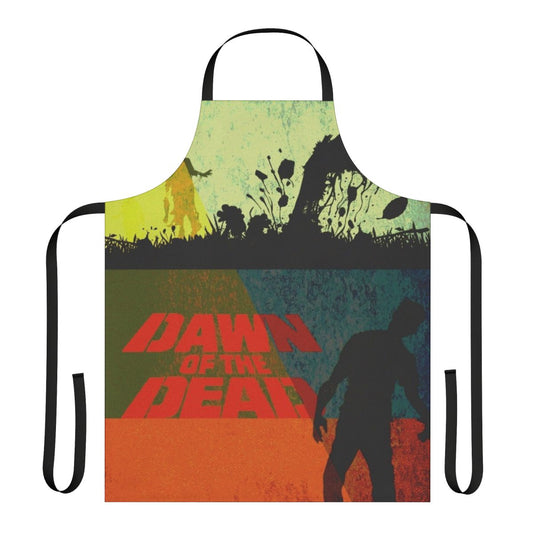 Vintage modern style apron with a horror movie theme, featuring zombies and the "Dawn of the Dead" movie logo.