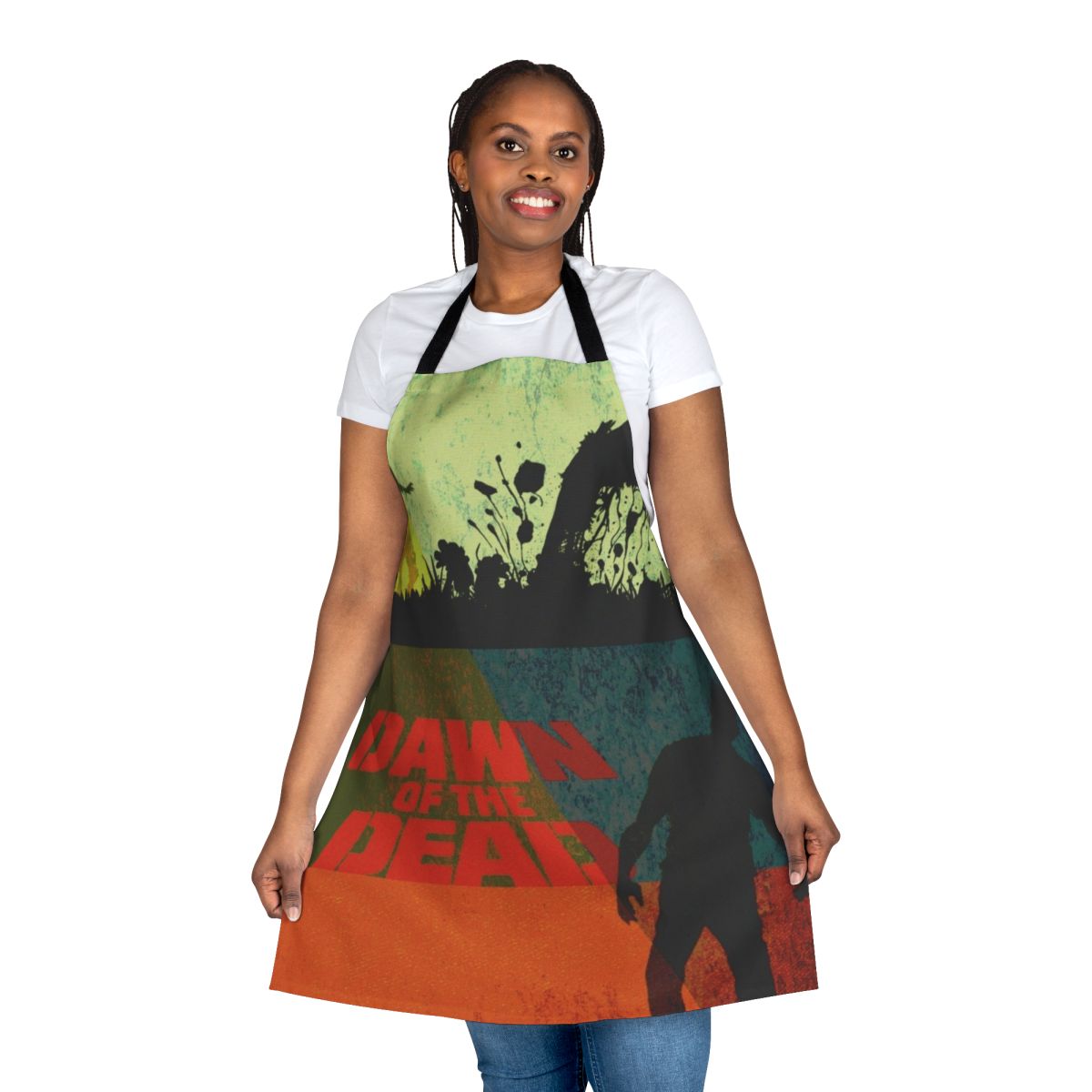 Vintage modern style apron with a horror movie theme, featuring zombies and the "Dawn of the Dead" movie logo.