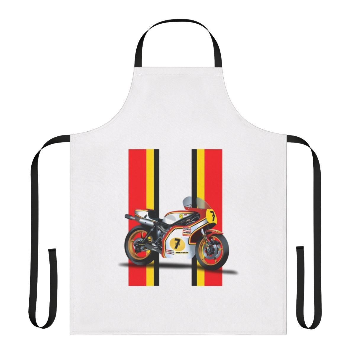 Vintage-style apron featuring a printed image of the Barry Sheene duck logo, a renowned motorcycle racer