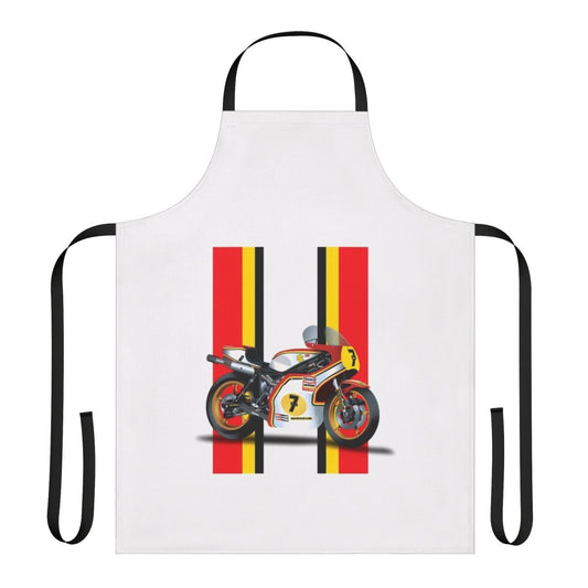 Vintage-style apron featuring a printed image of the Barry Sheene duck logo, a renowned motorcycle racer