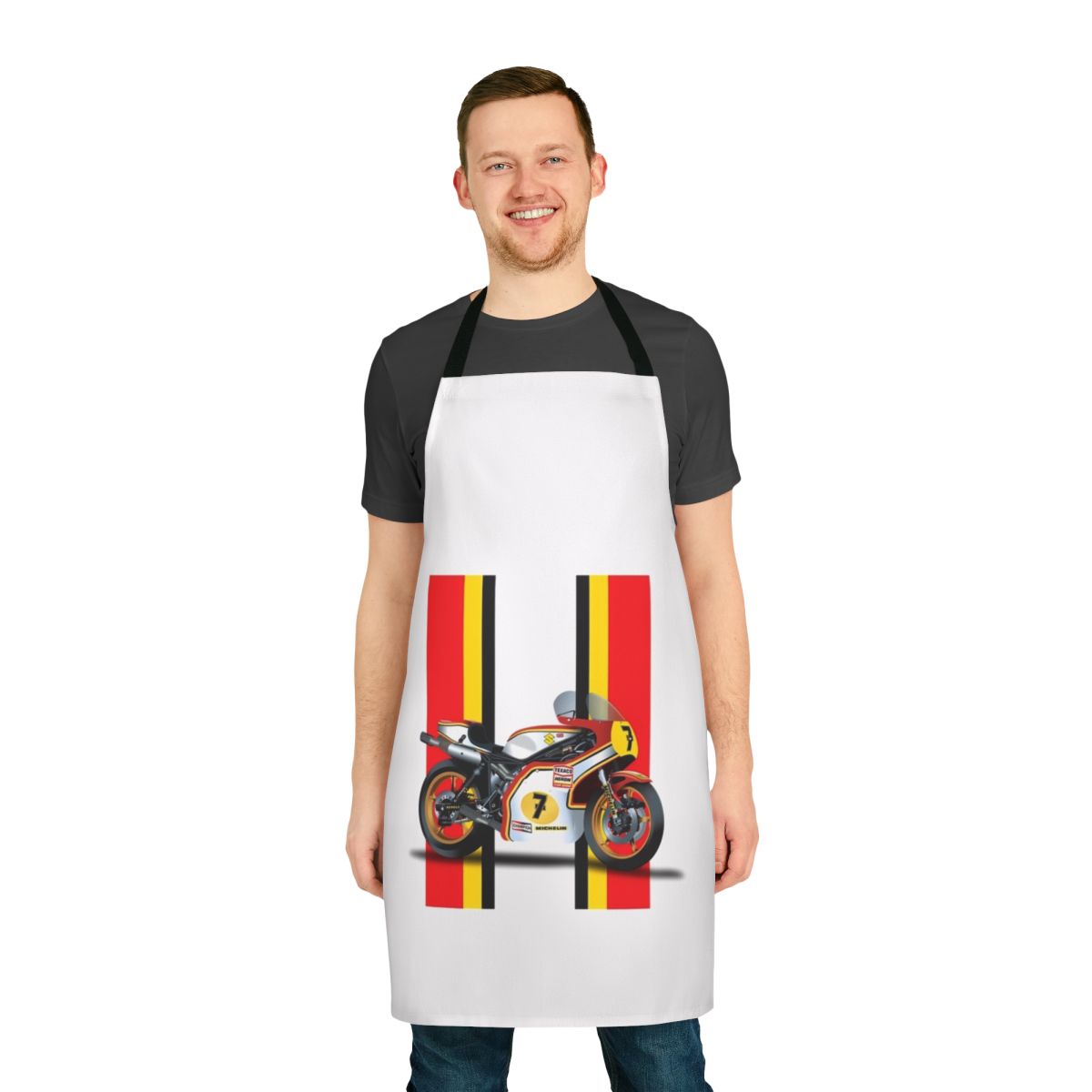 Vintage-style apron featuring a printed image of the Barry Sheene duck logo, a renowned motorcycle racer
