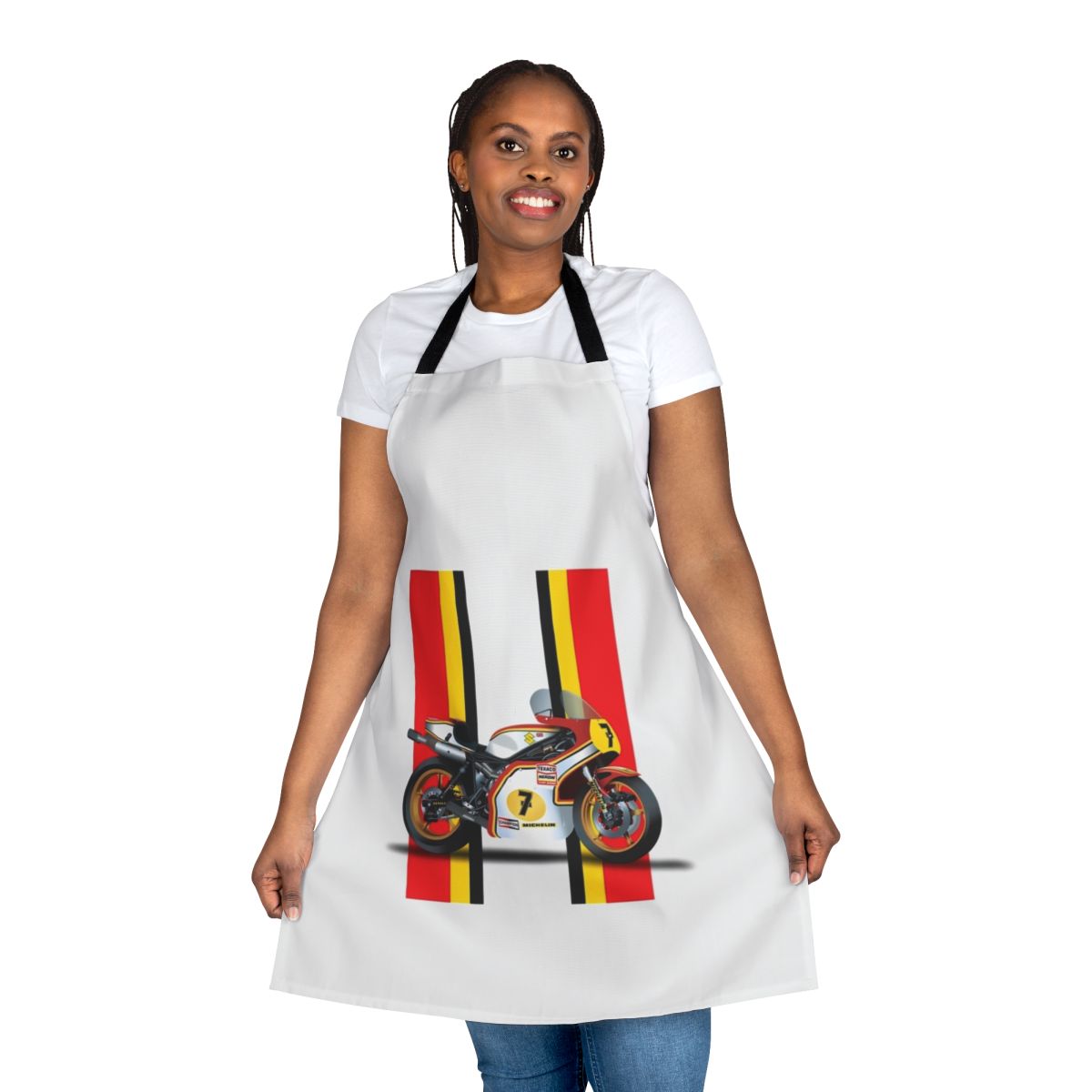 Vintage-style apron featuring a printed image of the Barry Sheene duck logo, a renowned motorcycle racer
