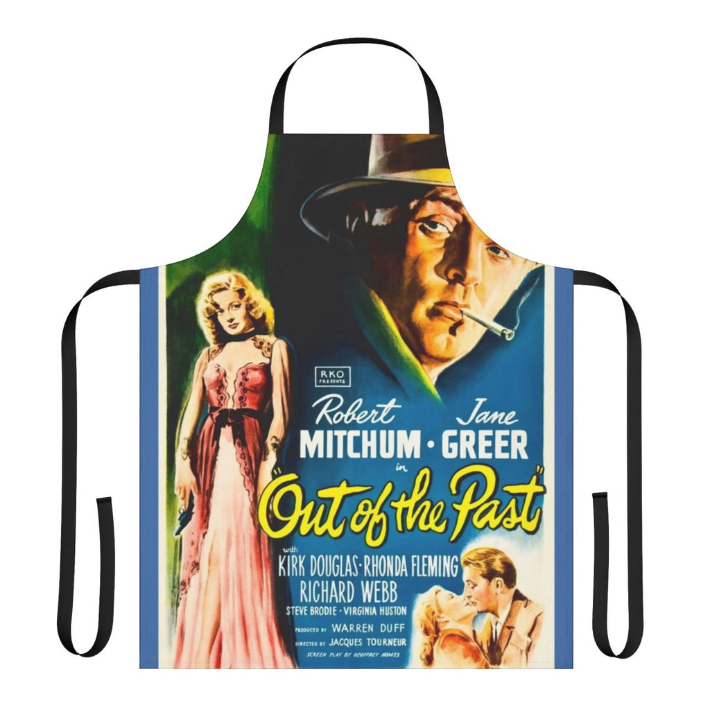 Vintage movie poster themed apron featuring characters from the classic film noir "Out of the Past"