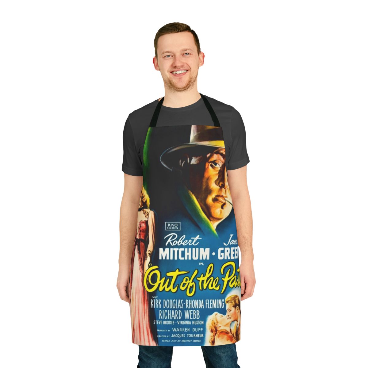 Vintage movie poster themed apron featuring characters from the classic film noir "Out of the Past"