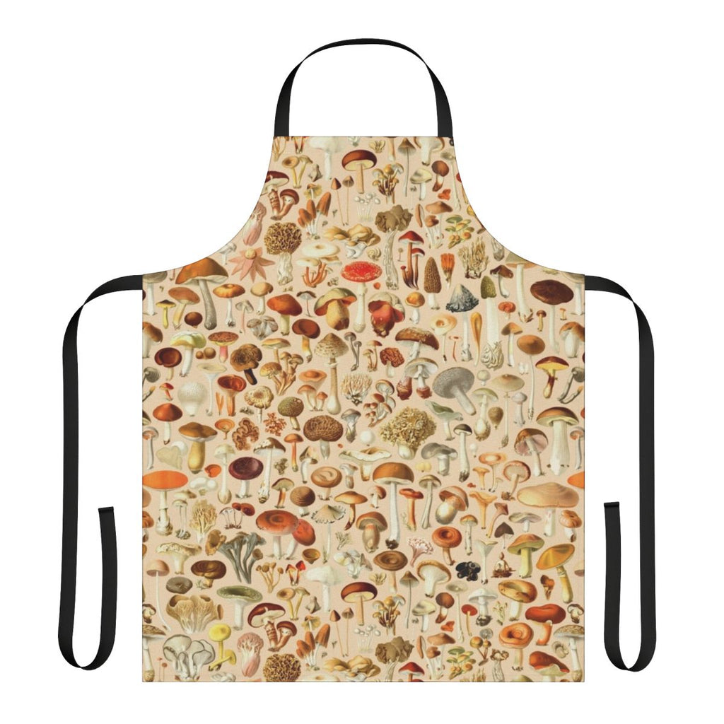 Vintage-inspired apron featuring a collection of mushroom designs in autumn colors