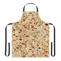 Vintage-inspired apron featuring a collection of mushroom designs in autumn colors