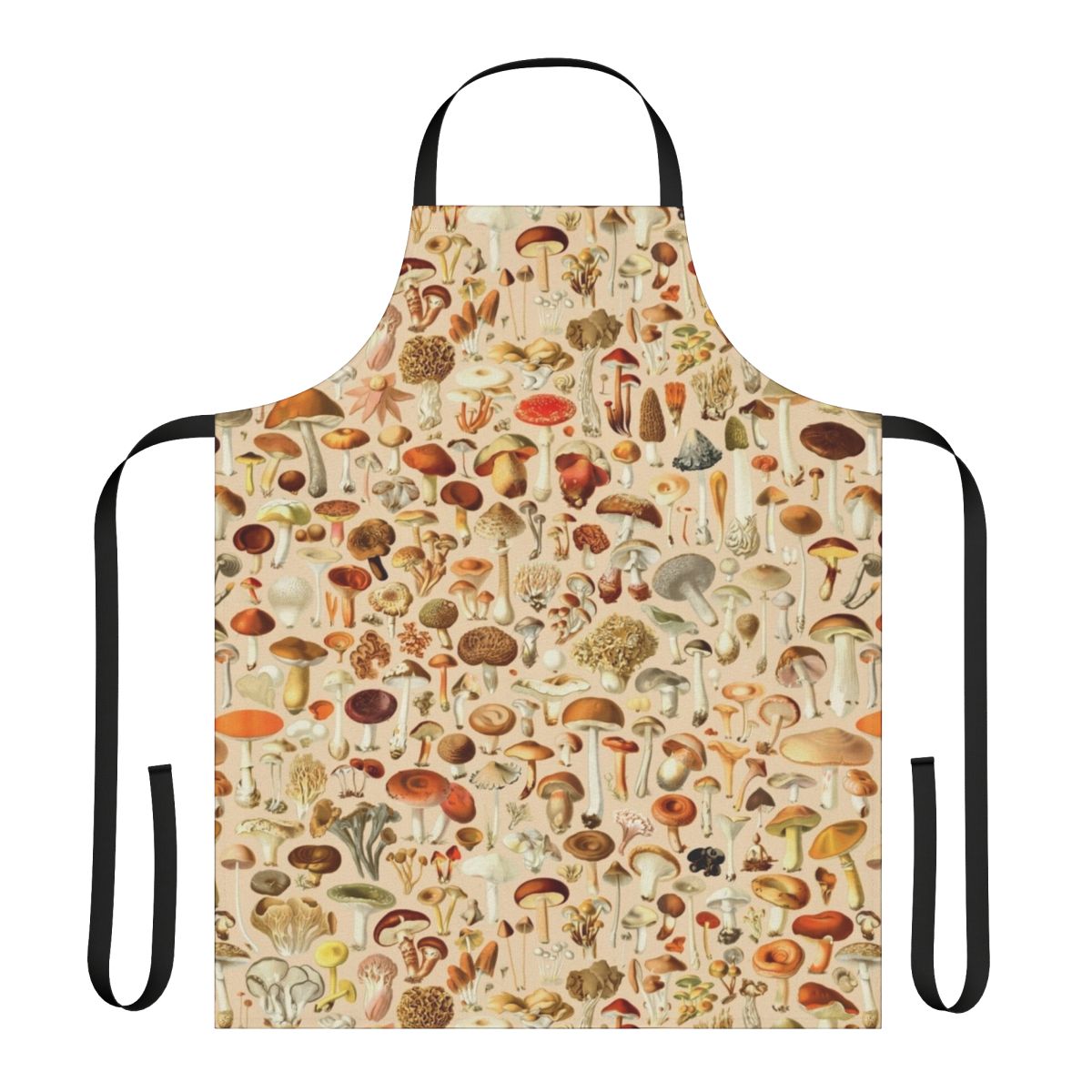 Vintage-inspired apron featuring a collection of mushroom designs in autumn colors