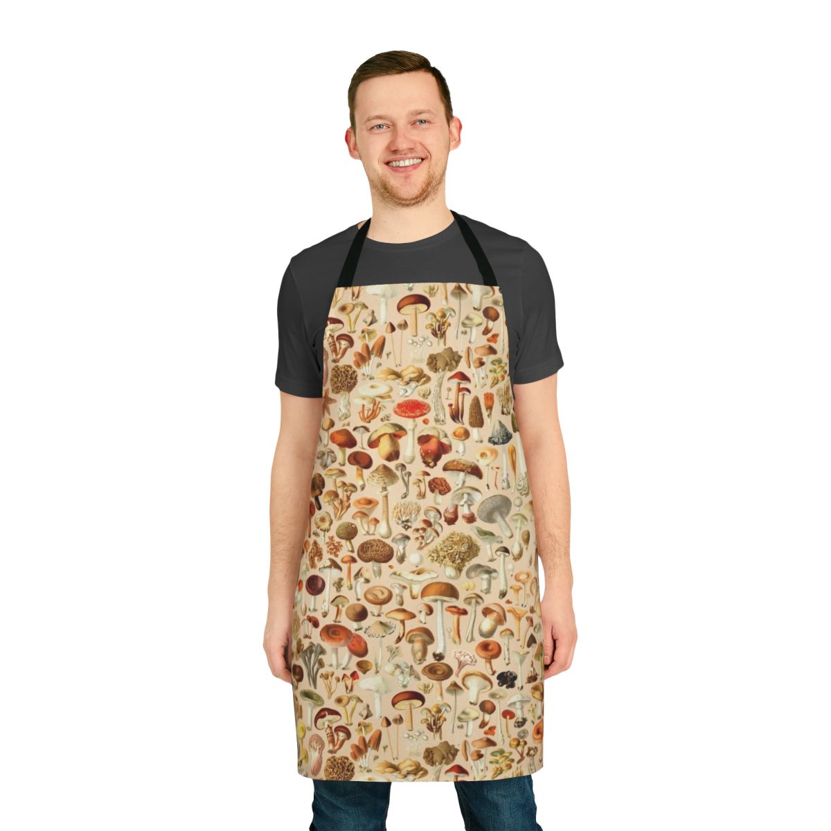Vintage-inspired apron featuring a collection of mushroom designs in autumn colors