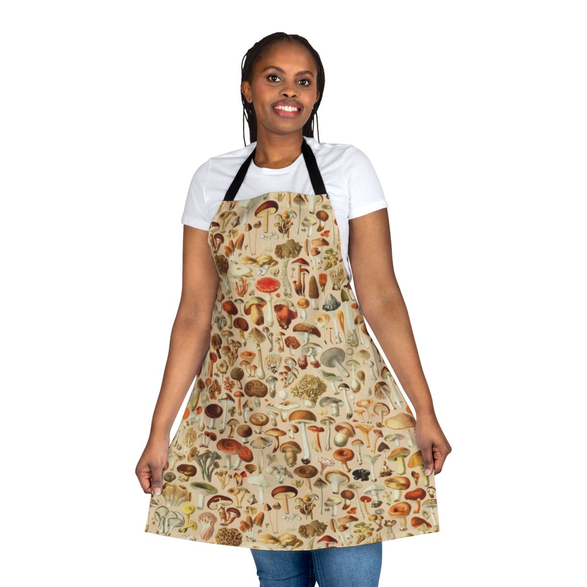 Vintage-inspired apron featuring a collection of mushroom designs in autumn colors