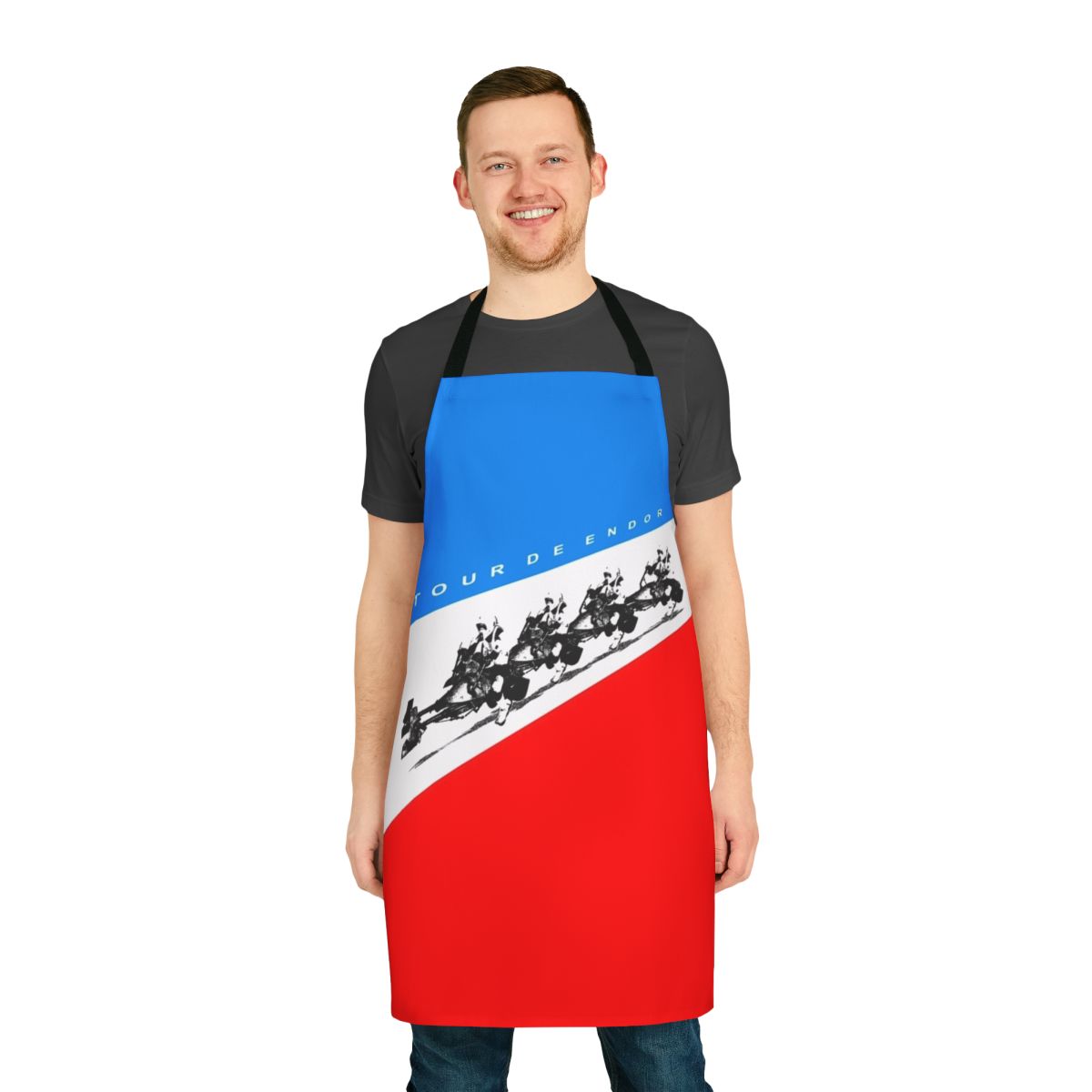 Vintage music-themed apron with pop art style vinyl record and gramophone design