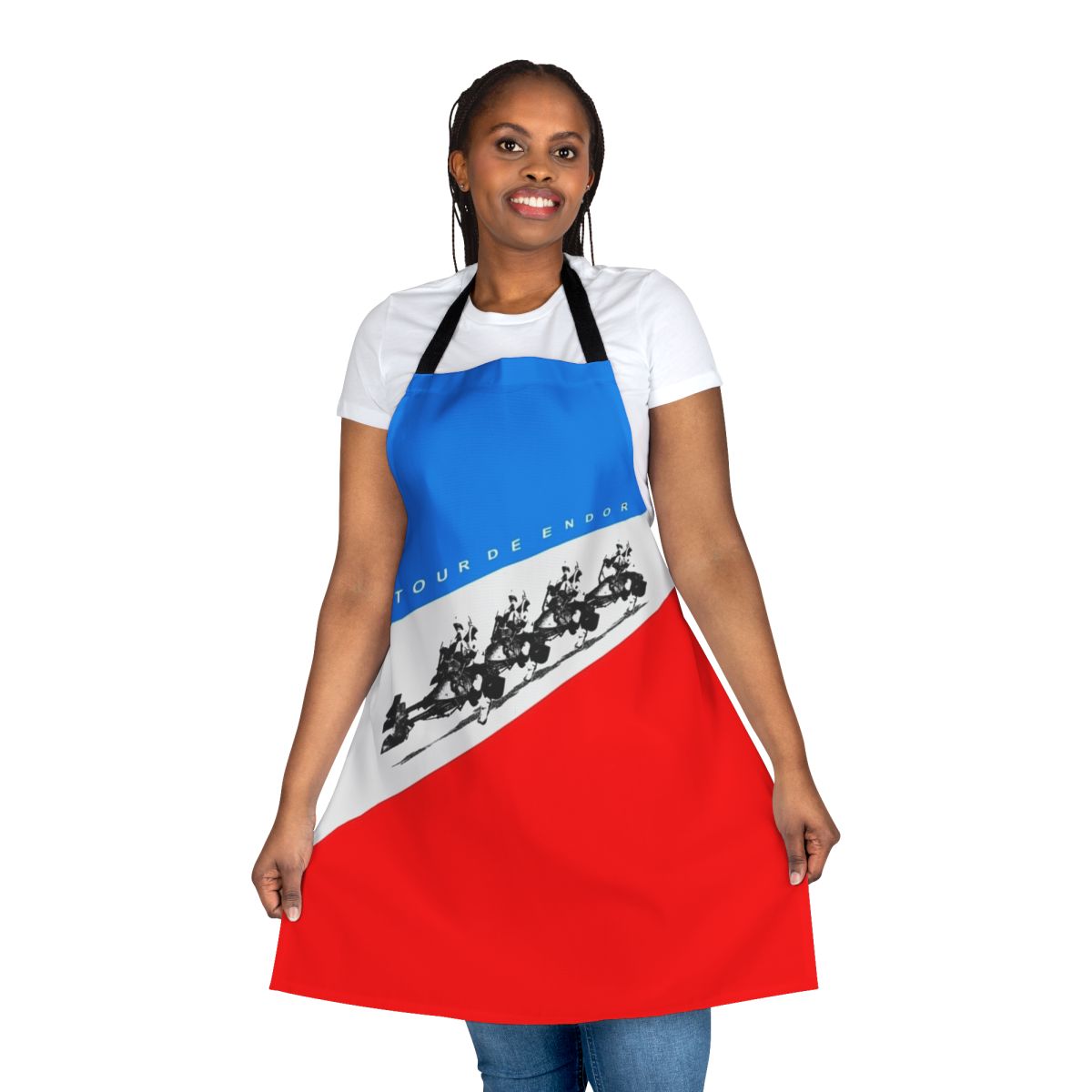 Vintage music-themed apron with pop art style vinyl record and gramophone design