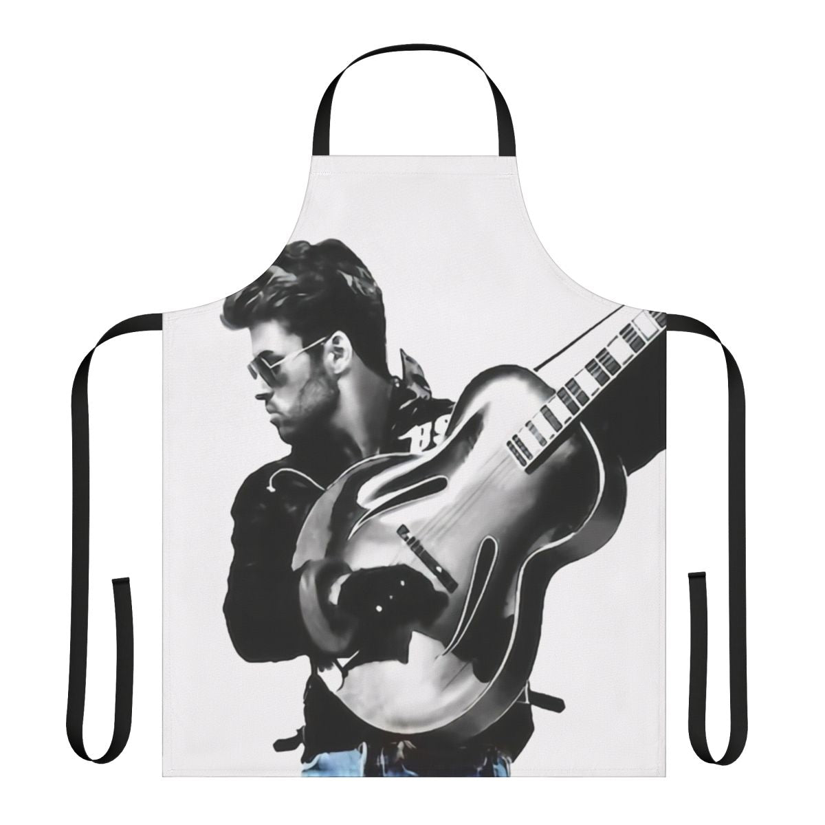 Vintage-inspired apron with a musical design, featuring a guitar and the name "Faith George"