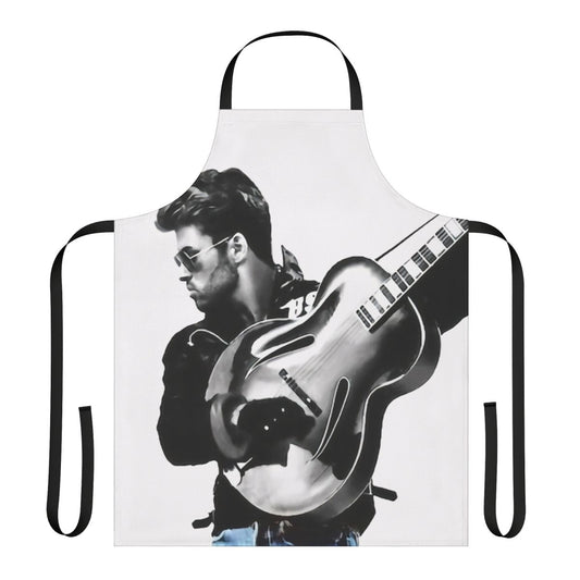 Vintage-inspired apron with a musical design, featuring a guitar and the name "Faith George"