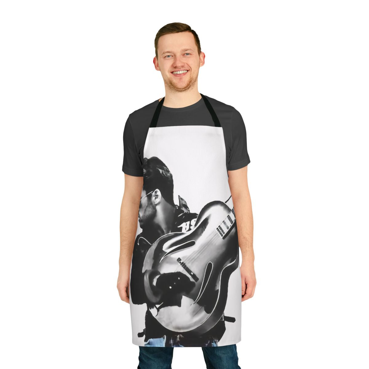 Vintage-inspired apron with a musical design, featuring a guitar and the name "Faith George"