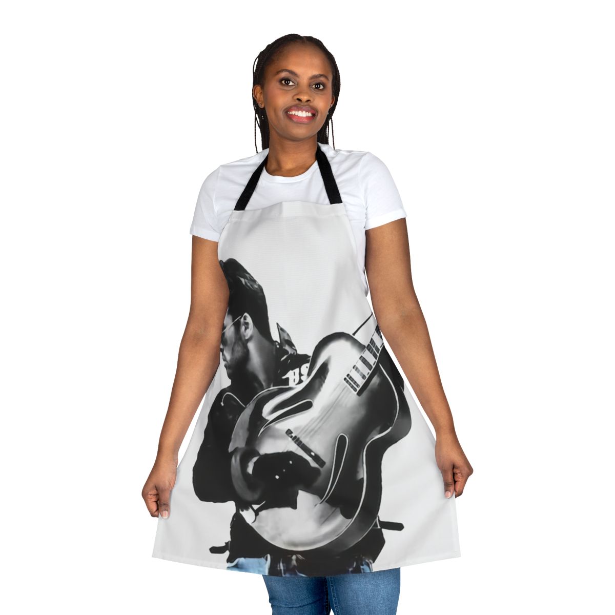 Vintage-inspired apron with a musical design, featuring a guitar and the name "Faith George"