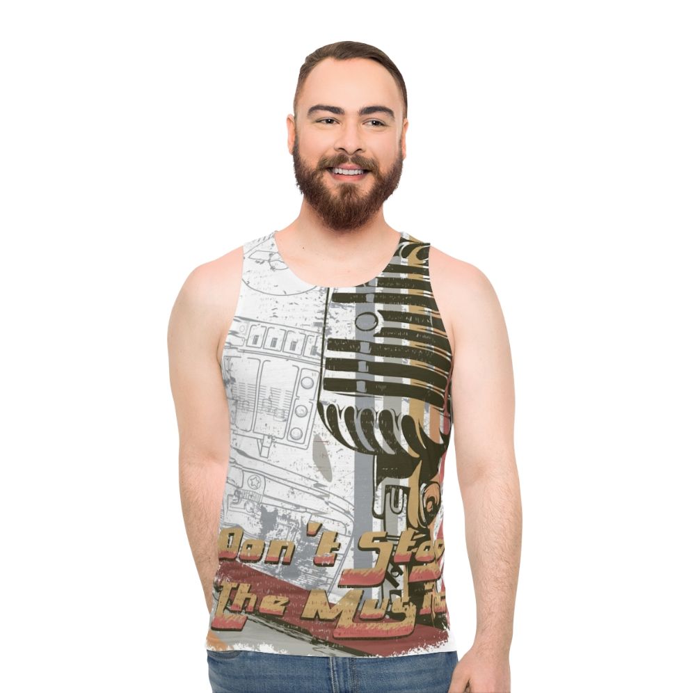 Vintage style unisex tank top with "Do Not Stop The Music" design