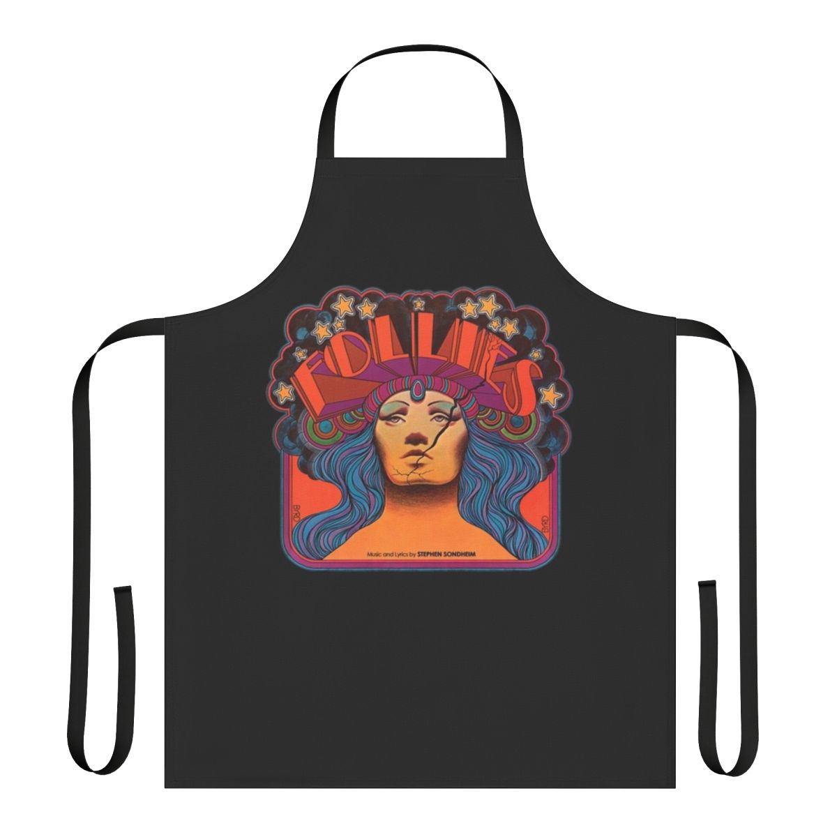 Vintage-style apron featuring a musical theater design, inspired by the works of composer Stephen Sondheim.
