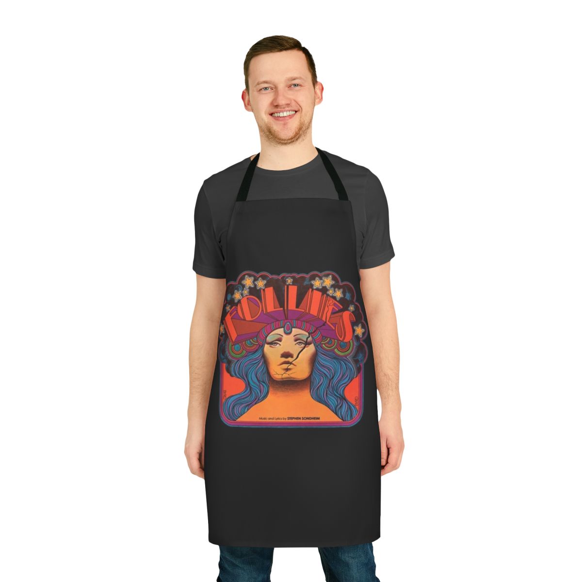 Vintage-style apron featuring a musical theater design, inspired by the works of composer Stephen Sondheim.
