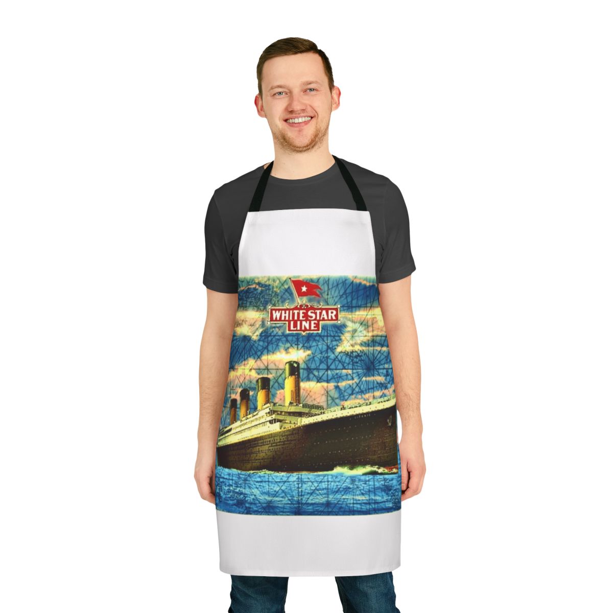 Vintage-style apron with a painting of the RMS Titanic ship