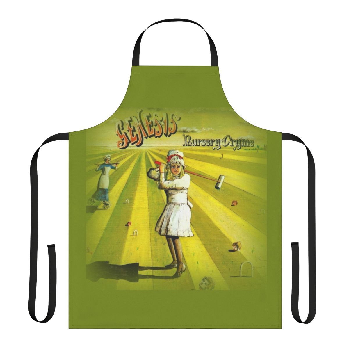 Vintage-style apron featuring a nursery rhyme-inspired design, ideal for Genesis fans and music enthusiasts.