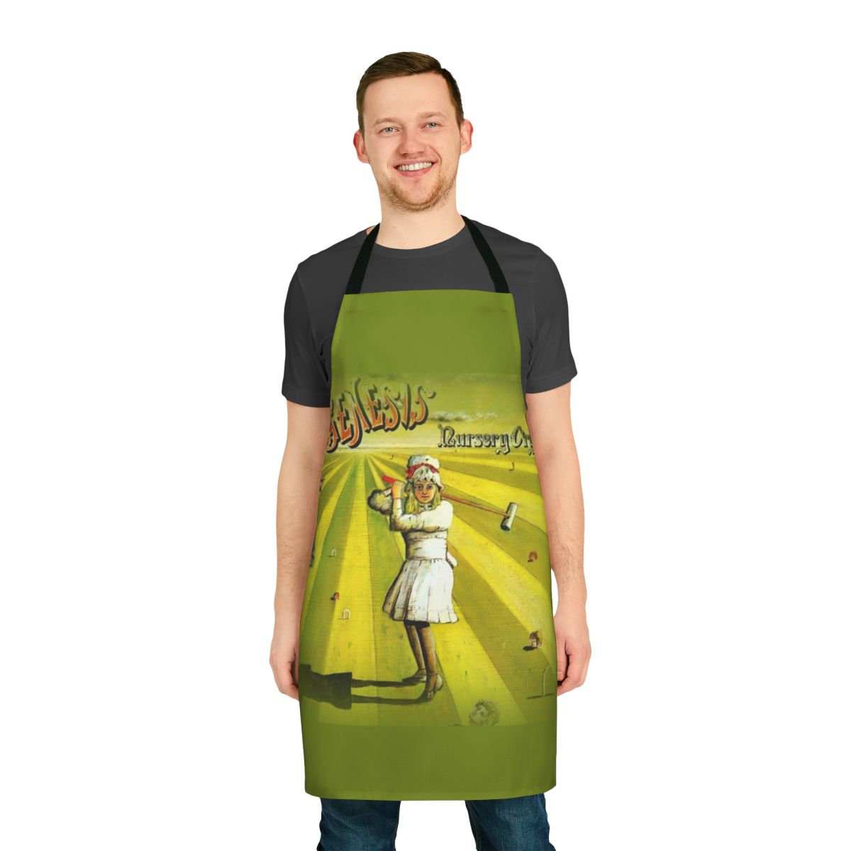 Vintage-style apron featuring a nursery rhyme-inspired design, ideal for Genesis fans and music enthusiasts.