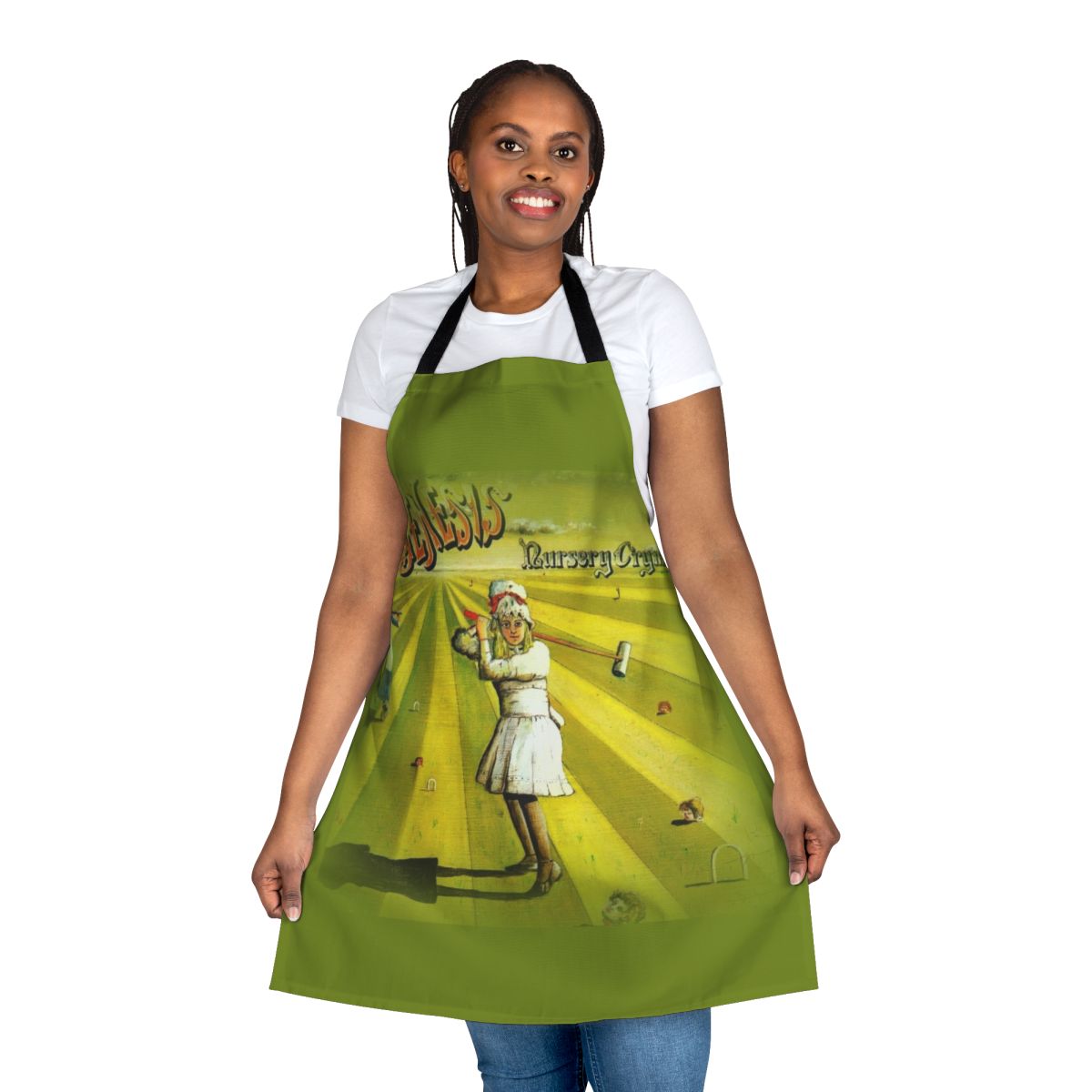 Vintage-style apron featuring a nursery rhyme-inspired design, ideal for Genesis fans and music enthusiasts.