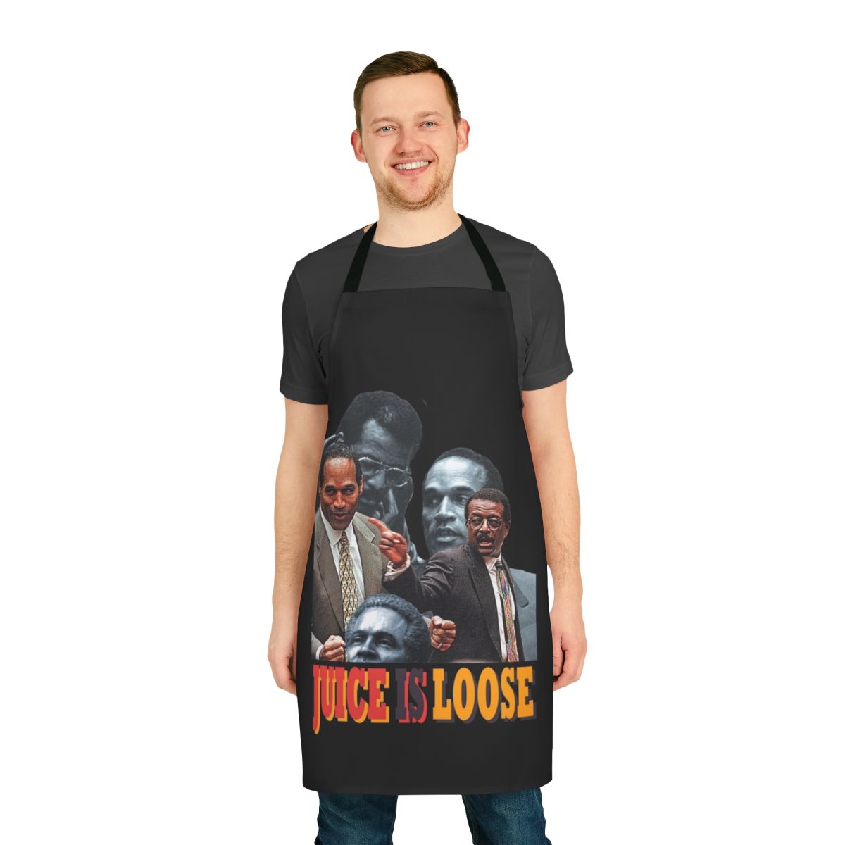Vintage-style orange juice themed apron with "Juice Is Loose" text and retro Ford Bronco graphic