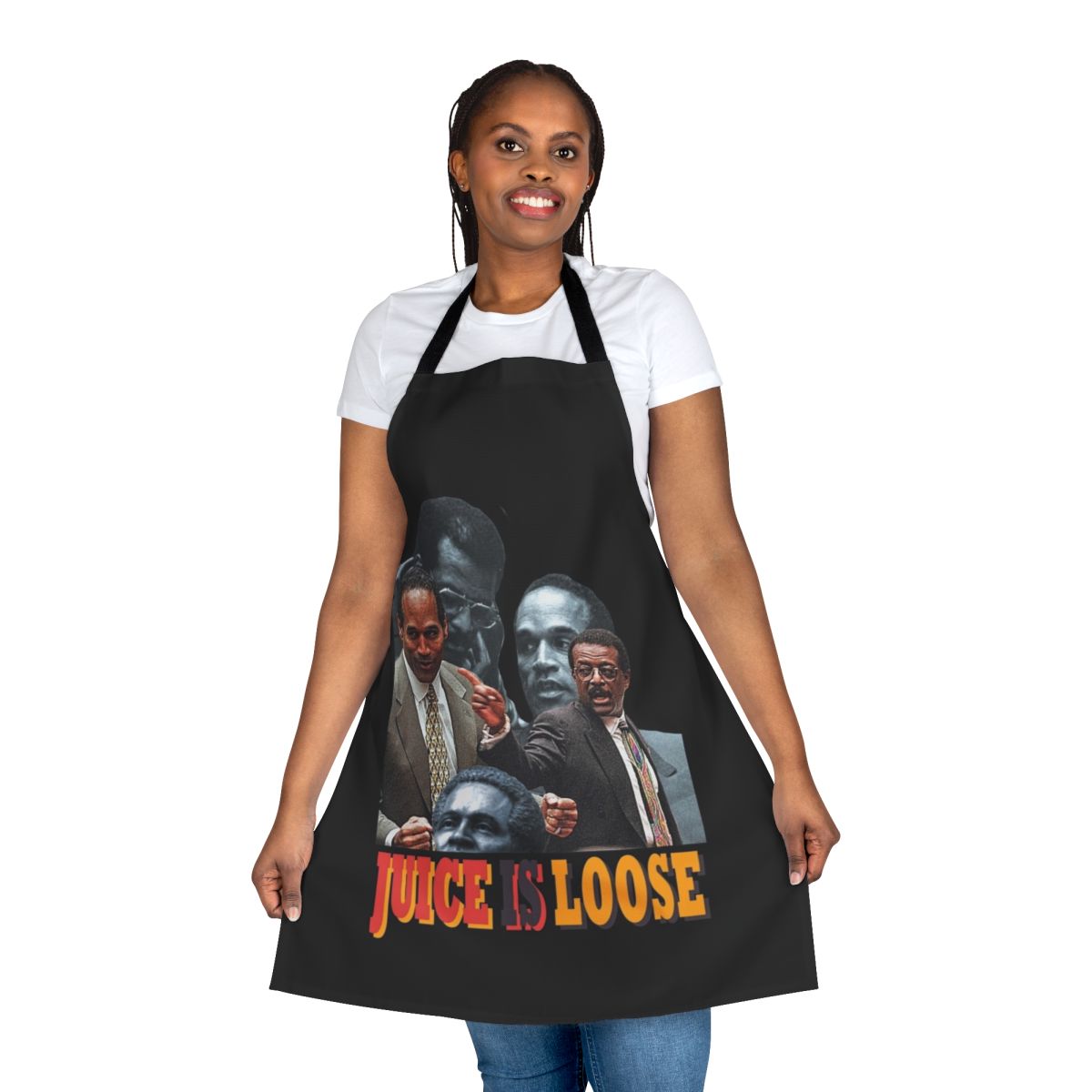 Vintage-style orange juice themed apron with "Juice Is Loose" text and retro Ford Bronco graphic