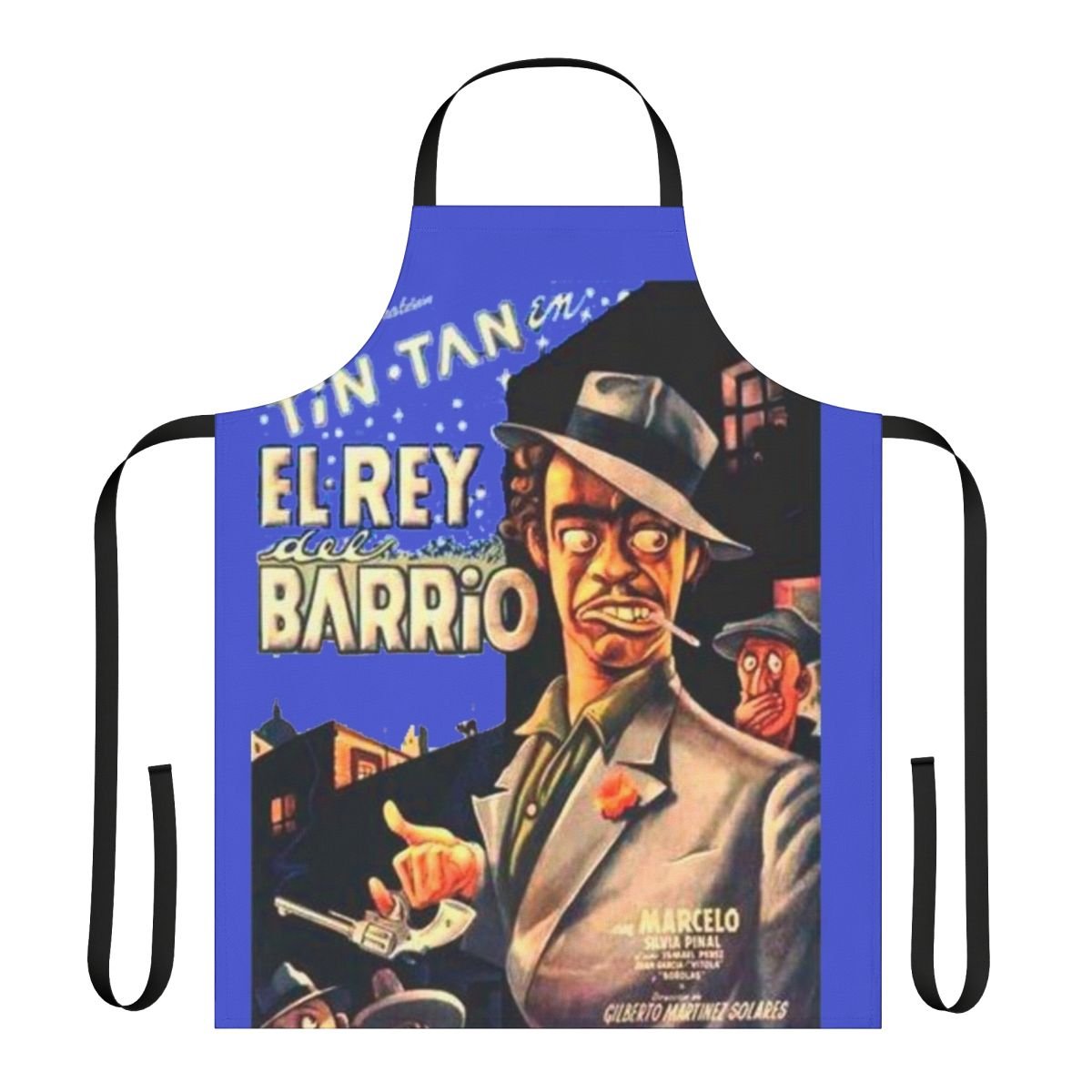 Vintage-style apron featuring a pachuco design inspired by the classic Mexican film character Tin Tan