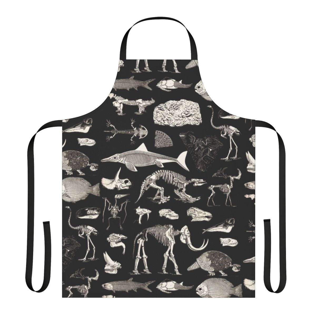 Vintage illustration of paleontology fossils and dinosaur bones printed on an apron