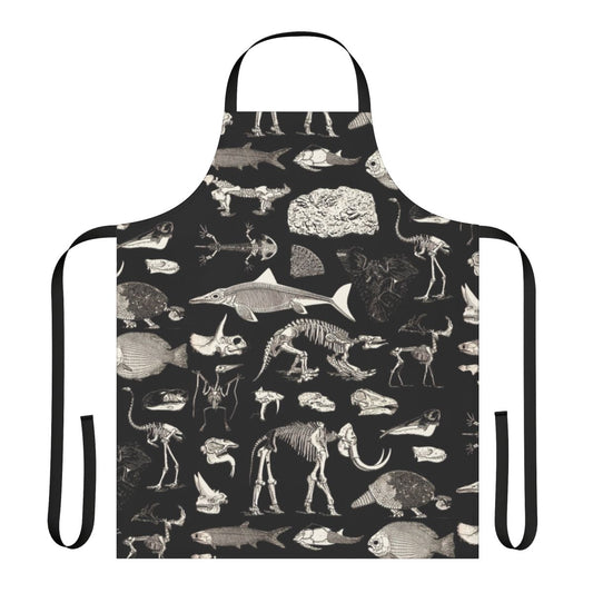 Vintage illustration of paleontology fossils and dinosaur bones printed on an apron