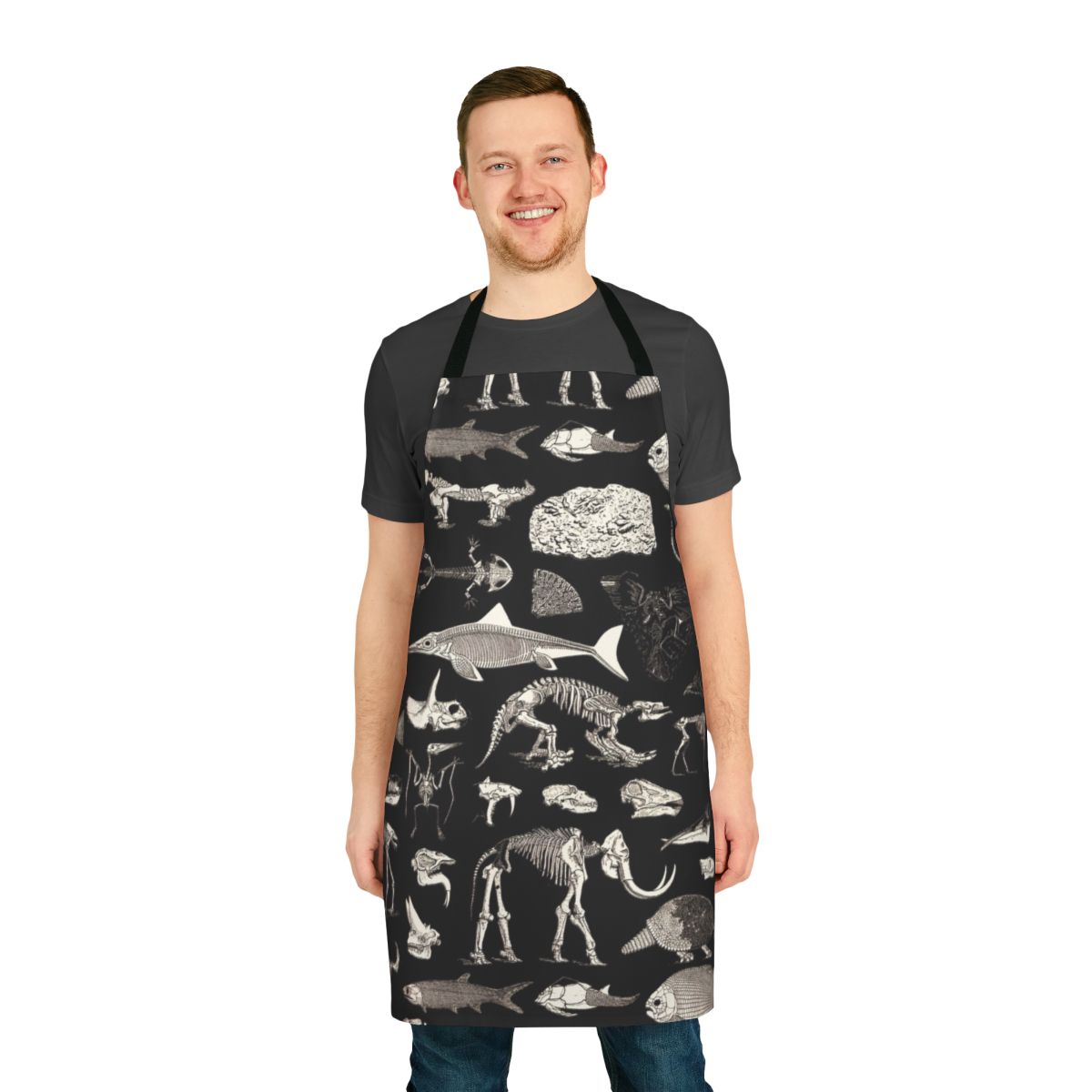 Vintage illustration of paleontology fossils and dinosaur bones printed on an apron