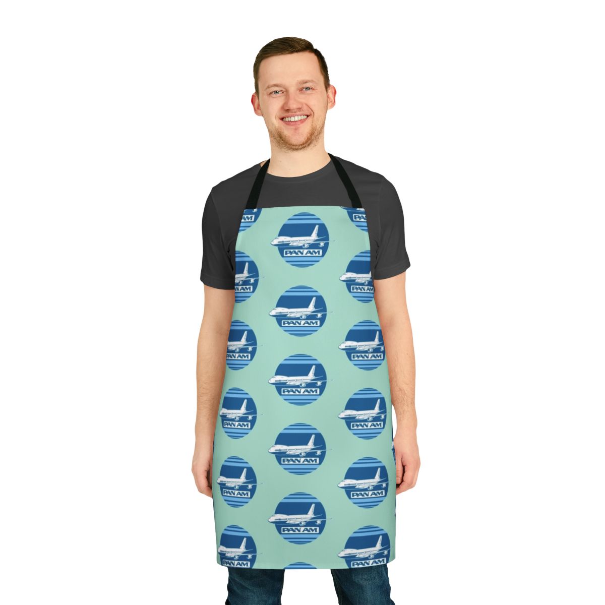 Vintage-style apron featuring the iconic Pan Am logo and aeroplane design, perfect for aviation enthusiasts.