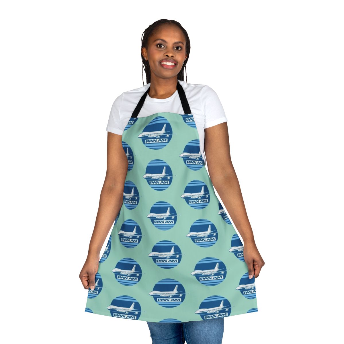 Vintage-style apron featuring the iconic Pan Am logo and aeroplane design, perfect for aviation enthusiasts.
