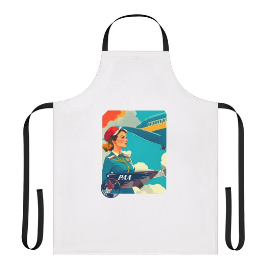 Vintage-style Pan Am inspired apron with classic airplane, sky, and cloud design