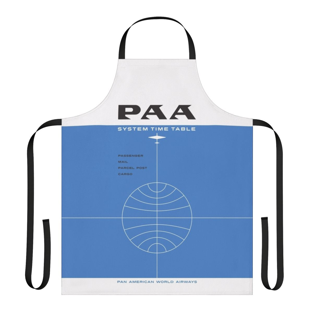 Vintage-style apron featuring a retro Pan Am timetable cover design