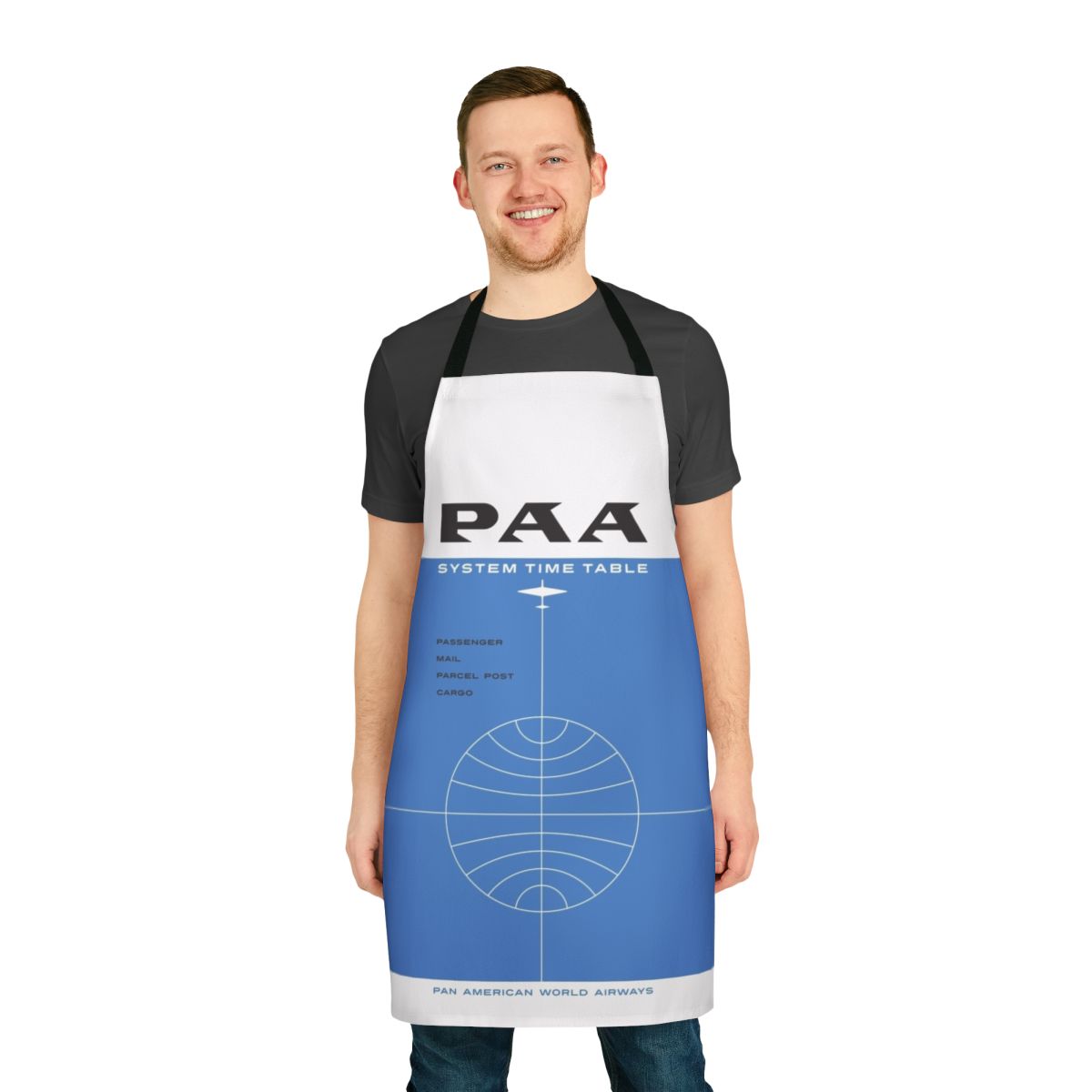 Vintage-style apron featuring a retro Pan Am timetable cover design