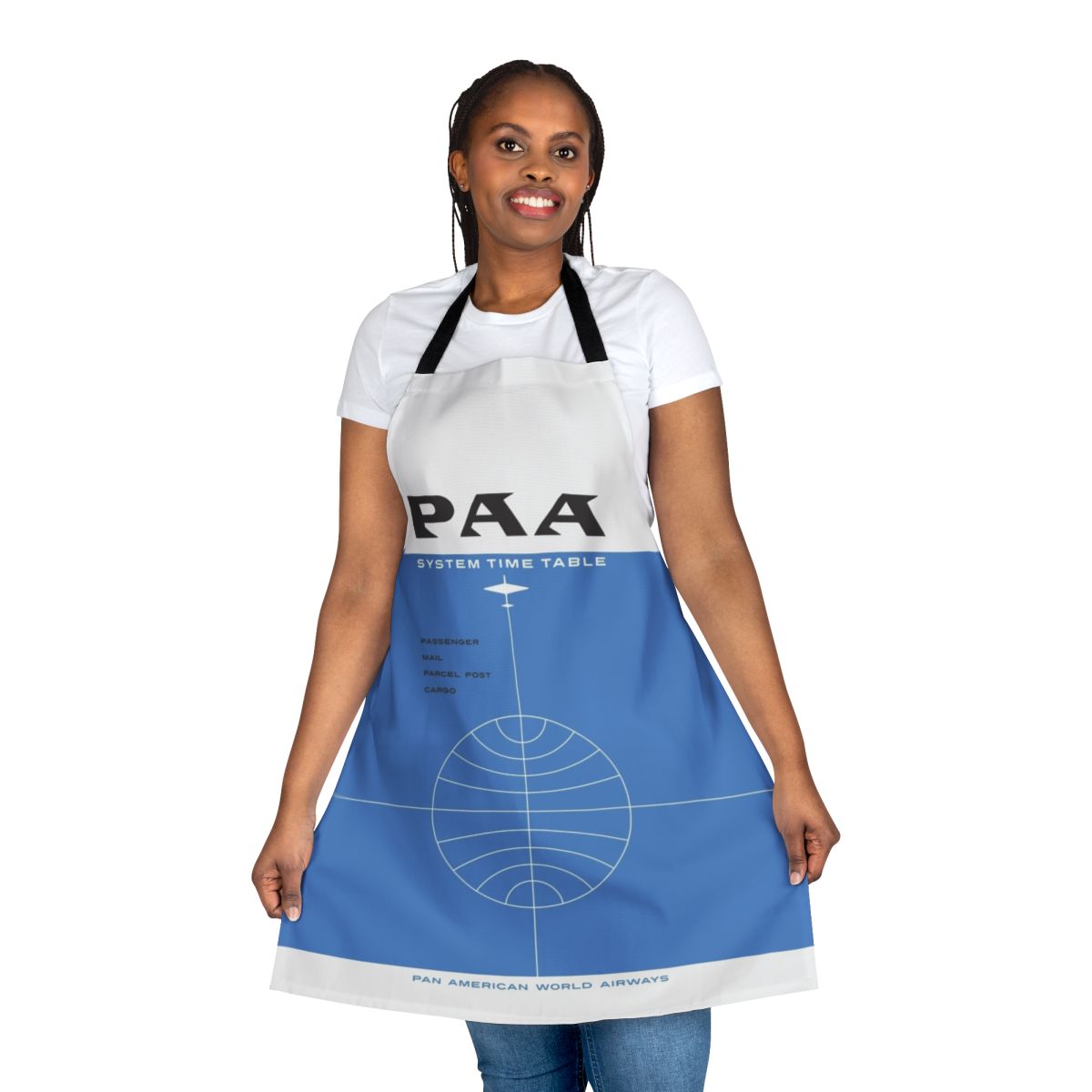 Vintage-style apron featuring a retro Pan Am timetable cover design