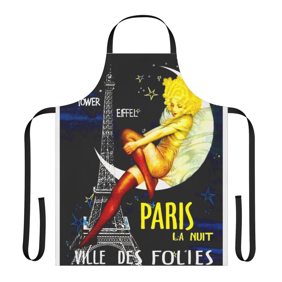 Vintage-inspired apron featuring a colorful Paris Follies travel print design with the Eiffel Tower, pinup elements, and whimsical details.