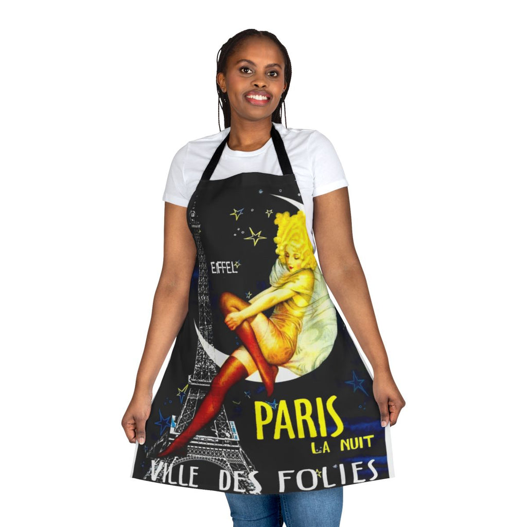 Vintage-inspired apron featuring a colorful Paris Follies travel print design with the Eiffel Tower, pinup elements, and whimsical details.