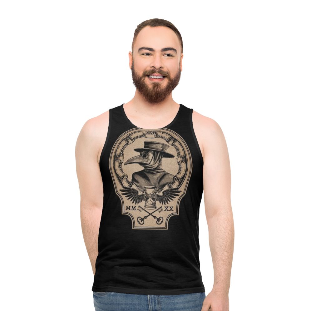 Vintage plague doctor unisex tank top with raven, hourglass, and roman numerals design