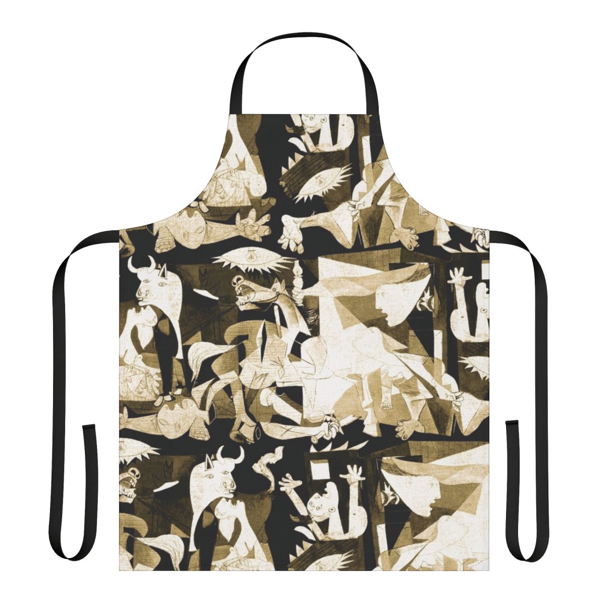 Vintage-inspired sand-colored apron with an abstract Guernica-style design inspired by the famous 1937 painting by Pablo Picasso.