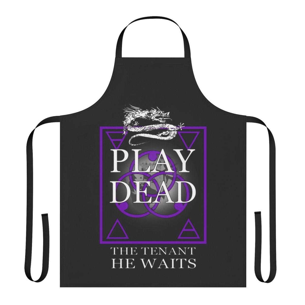 Black and white apron featuring a vintage post-punk inspired design