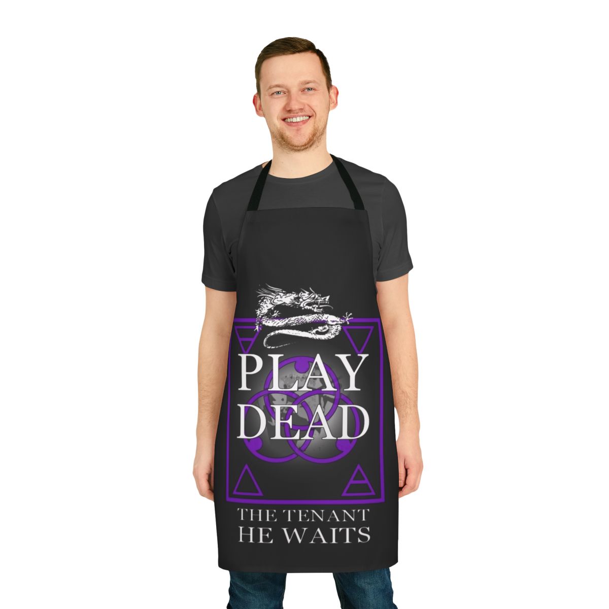 Black and white apron featuring a vintage post-punk inspired design
