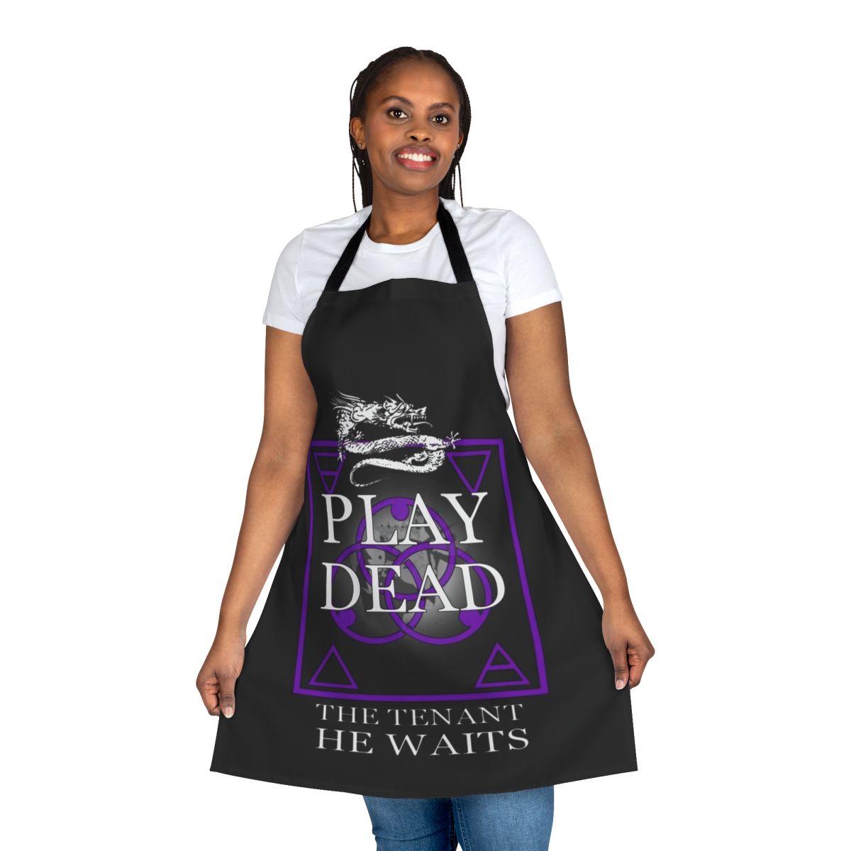 Black and white apron featuring a vintage post-punk inspired design